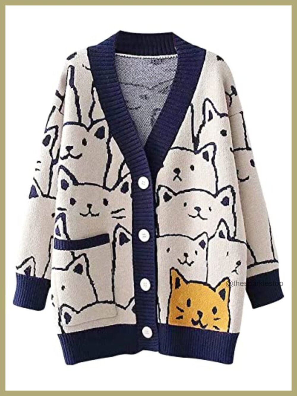Oversized Cat Print Knit Cardigan V-Neck Loose Fit Lightweight Women's Sweater